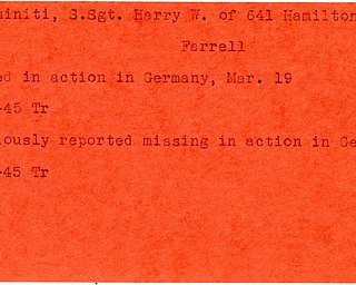 World War II, Vindicator, Harry W. Caminiti, Farrell, killed, Germany, 1945, Trumbull, missing