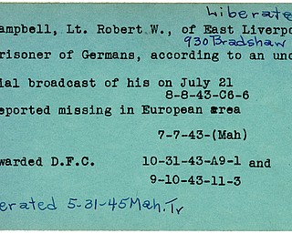 World War II, Vindicator, Robert W. Campbell, liberated, East Liverpool, prisoner, Germany, 1943, missing, Mahoning, award, D.F.C, 1945, Trumbull