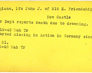 World War II, Vindicator, John J. Cangiano, New Castle, died, 1945, Mahoning, Trumbull, missing, Germany