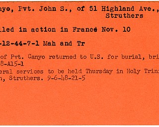 World War II, Vindicator, John S. Canyo, Struthers, killed, France, 1944, Mahoning, Trumbull, 1948