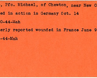 World War II, Vindicator, Michael Capp, New Castle, Chewton, killed, Germany, 1944, Mahoning, wounded, France