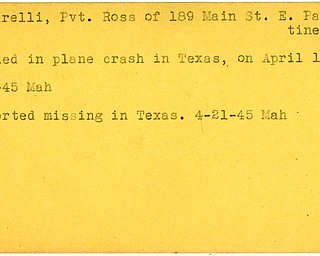 World War II, Vindicator, Ross Capparelli, East Palestine, killed, accident, Texas, 1945, Mahoning