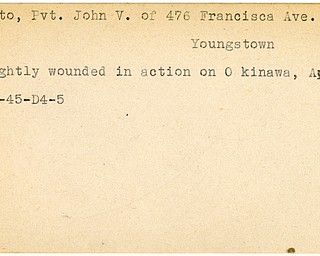 World War II, Vindicator, John V. Caputo, Youngstown, wounded, Okinawa, 1945