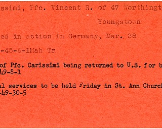 World War II, Vindicator, Vincent R. Carissimi, Youngstown, killed, Germany, 1945, Mahoning, Trumbull, 1949