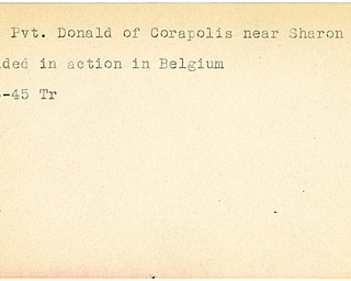 World War II, Vindicator, Donald Carl, Corapolis, Sharon, wounded, Belgium, 1945, Trumbull