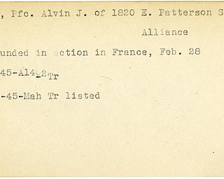 World War II, Vindicator, Alvin J. Carli, Alliance, wounded, France, 1945, Trumbull, Mahoning