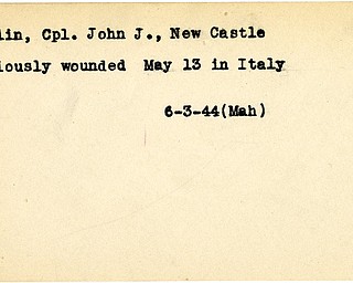 World War II, Vindicator, John J. Carlin, New Castle, wounded, Italy, 1944, Mahoning