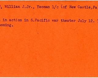World War II, Vindicator, William J. Carlin Jr, New Castle, killed, Pacific, 1944, Mahoning