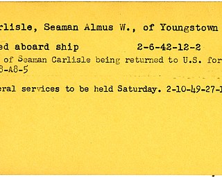 World War II, Vindicator, Almus W. Carlisle, seaman, Youngstown, died, 1942, 1948, 1949