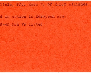 World War II, Vindicator, Ross W. Carlisle, Alliance, killed, Europe, 1945, Mahoning, Trumbull