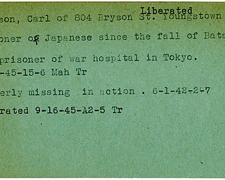 World War II, Vindicator, Carl Carlson, liberated, Youngstown, prisoner, Japanese, Bataan, 1945, Mahoning, Trumbull, missing, 1942