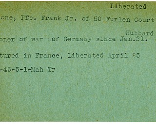 World War II, Vindicator, Frank Carsone Jr, liberated, Hubbard, prisoner, Germany, France, 1945, Mahoning, Trumbull