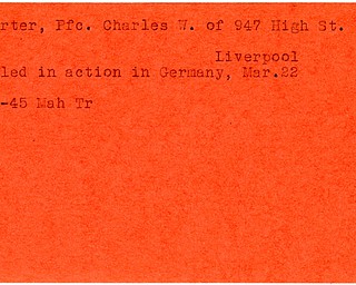 World War II, Vindicator, Charles W. Carter, East Liverpool, killed, Germany, 1945, Mahoning, Trumbull