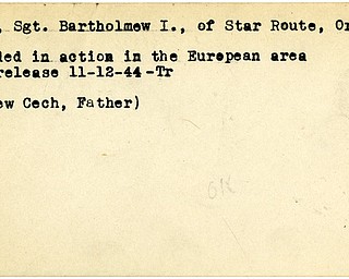 World War II, Vindicator, Bartholmew I. Cech, Orwell, wounded, Europe, 1944, Trumbull, Andrew Cech