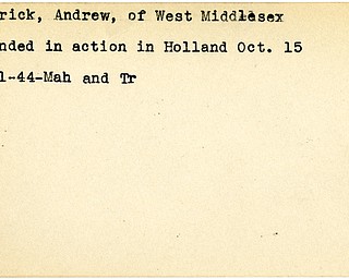 World War II, Vindicator, Andrew Cefrick, West Middlesex, wounded, Holland, 1944, Mahoning, Trumbull