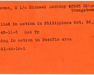 World War II, Vindicator, Michael Anthony Cercone, Youngstown, killed, Philippines, 1944, 1945, Mahoning, Trumbull, missing, Pacific