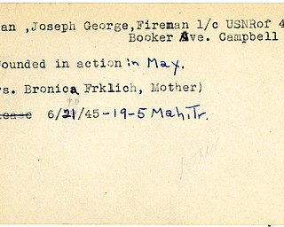 World War II, Vindicator, George Joseph Ceryan, fireman, USNR, Campbell, wounded, 1945, Mahoning, Trumbull