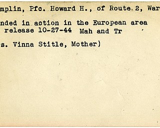World War II, Vindicator, Howard H. Champlin, Warren, wounded, Europe, 1944, Mahoning, Trumbull, Vinna Stitle