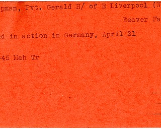 World War II, Vindicator, Gerald H. Chapman, East Liverpool, killed, Germany, 1945, Mahoning, Trumbull