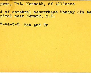 World War II, Vindicator, Kenneth Chapman, Alliance, died, Newark, New Jersey, 1944, Mahoning, Trumbull