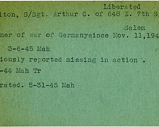 World War II, Vindicator, Arthur C. Charlton, liberated, Salem, prisoner, Germany, 1944, 1945, Mahoning, missing, Trumbull