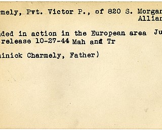 World War II, Vindicator, Victor P. Charmely, Alliance, wounded, Europe, 1944, Mahoning, Trumbull, Dominick Charmely