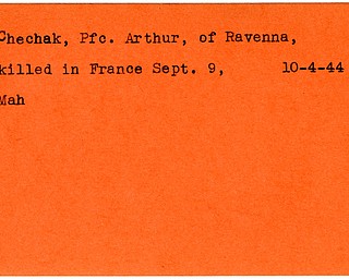 World War II, Vindicator, Arthur Chechak, Ravenna, killed, France, 1944, Mahoning