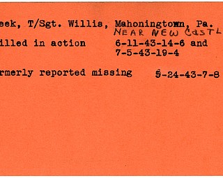 World War II, Vindicator, Willis Cheek, Mahoningtown, New Castle, killed, 1943, missing