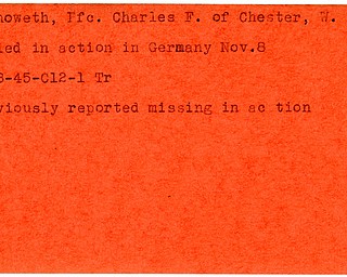 World War II, Vindicator, Charles F. Chenoweth, Chester, West Virginia, killed, Germany, 1945, Trumbull, missing