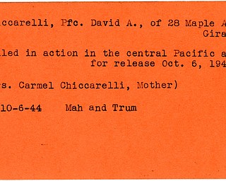 World War II, Vindicator, David A. Chiccarelli, Girard, killed, Pacific, 1944, Mahoning, Trumbull, Carmel Chiccarelli