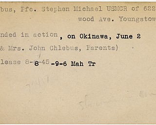 World War II, Vindicator, Stephen Michael Chlebus, Youngstown, USMCR, Okinawa, wounded, John Chlebus, 1945, Mahoning, Trumbull