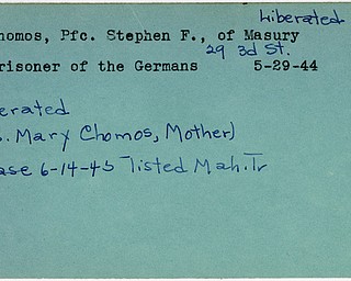 World War II, Vindicator, Stephen F. Chomos, Masury, liberated, prisoner, Germany, 1944, Mary Chomos, 1945, Trumbull, Mahoning