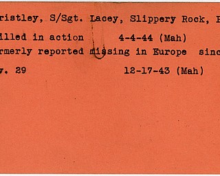 World War II, Vindicator, Lacey Christley, Slippery Rock, killed, 1944, Mahoning, missing, Europe, 1943