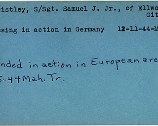 World War II, Vindicator, Samuel J. Christley Jr, Ellwood City, missing, Germany, 1944, wounded, Europe, Mahoning, Trumbull
