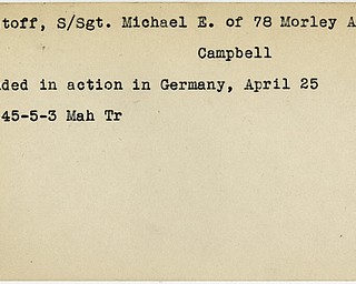 World War II, Vindicator, Michael E. Christoff, Campbell, wounded, Germany, 1945, Mahoning, Trumbull