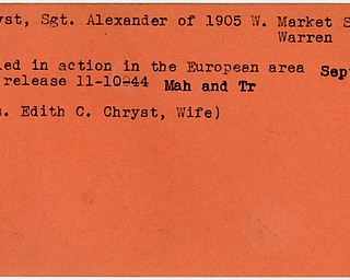 World War II, Vindicator, Alexander Chryst, Warren, killed, Europe, 1944, Mahoning, Trumbull, Edith C. Chryst