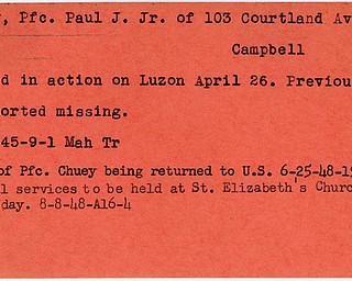 World War II, Vindicator, Paul J. Chuey Jr, Campbell, killed, Luzon, missing, 1945, 1948, Mahoning, Trumbull