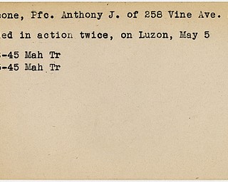 World War II, Vindicator, Anthony J. Ciccone, Sharon, wounded, Luzon, 1945, Mahoning, Trumbull