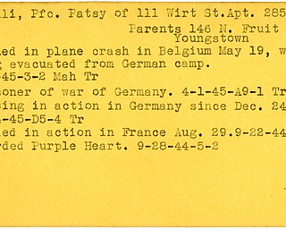 World War II, Vindicator, Patsy Cirelli, Youngstown, killed, plane crash, Belgium, 1945, Mahoning, Trumbull, prisoner, Germany, missing, wounded, France, award, Purple Heart, 1944