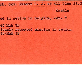 World War II, Vindicator, Emmett P. J. Clark, New Castle, killed, Belgium, 1945, Mahoning, Trumbull, missing