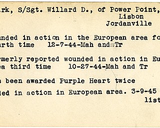 World War II, Vindicator, Willard D. Clark, Lisbon, Jordanville, wounded, Europe, 1944, Mahoning, Trumbull, award, Purple Heart, 1945