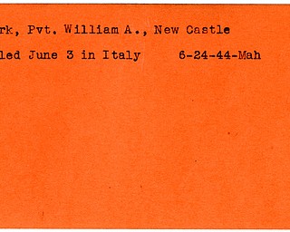World War II, Vindicator, William A. Clark, New Castle, killed, Italy, 1944, Mahoning