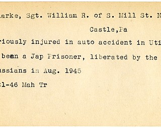 World War II, Vindicator, William R. Clarke, New Castle, wounded, accident, New York, Japanese, prisoner, liberated, 1945, 1946, Mahoning, Trumbull
