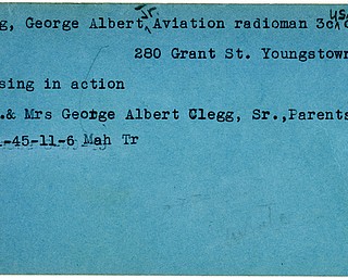World War II, Vindicator, George Albert Clegg Jr, Aviation radioman, USNR, Youngstown, missing, 1945, Mahoning, Trumbull