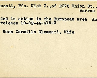 World War II, Vindicator, Nick J. Clementi, Warren, wounded, Europe, 1944, Rose Carmille Clementi