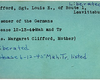 World War II, Vindicator, Louis E. Clifford, liberated, Leavittsburg, prisoner, Germany, 1944, Mahoning, Trumbull, Margaret Clifford, 1945