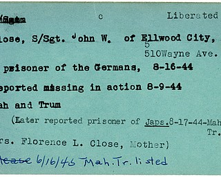 World War II, Vindicator, John W. Close, Ellwood City, liberated, prisoner, Germany, 1944, missing, Mahoning, Trumbull, Japanese, Florence L. Close, 1945