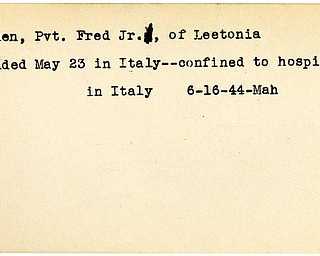 World War II, Vindicator, Fred Clunen Jr, Leetonia, wounded, Italy, hospitalized, 1944, Mahoning