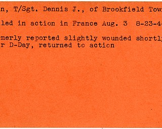 World War II, Vindicator, Dennis J. Coan, Brookfield, killed, France, 1944, Mahoning, wounded