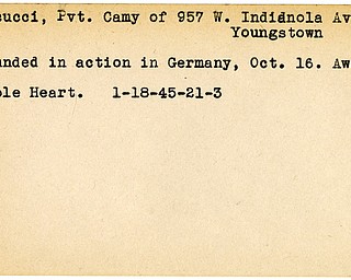 World War II, Vindicator, Camy Cocucci, Youngstown, wounded, Germany, award, Purple Heart, 1945